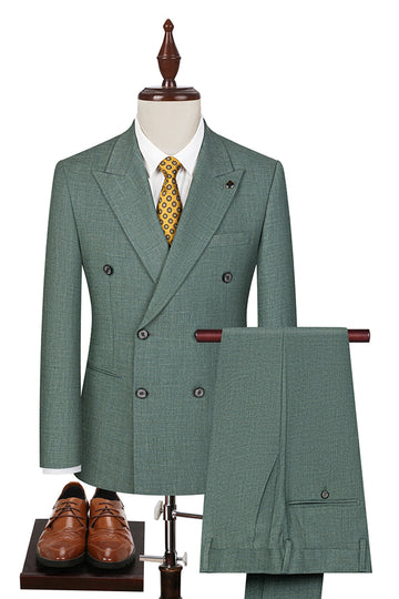 Grey Green 2 Piece Double Breasted Peak Lapel Men's Formal Suits